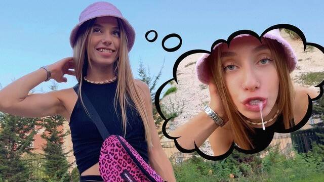 Блондинка с тату сосет сперму парня на природе