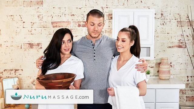 Горячие брюнетки трахают парня вдвоем на массаже